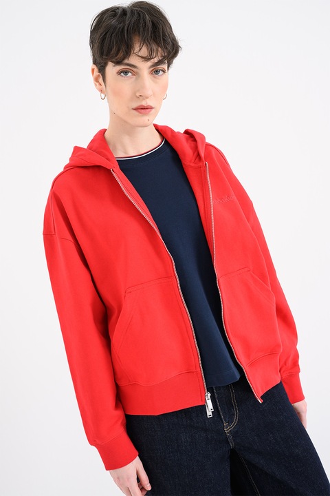 CALVIN KLEIN, Hanorac lejer cu model uni si fermoar, Rosu