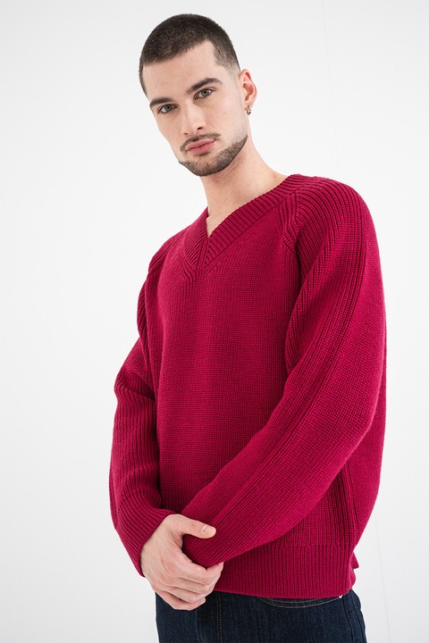 CALVIN KLEIN, Pulover striat din amestec de lana cu decolteu in V, Roz aprins