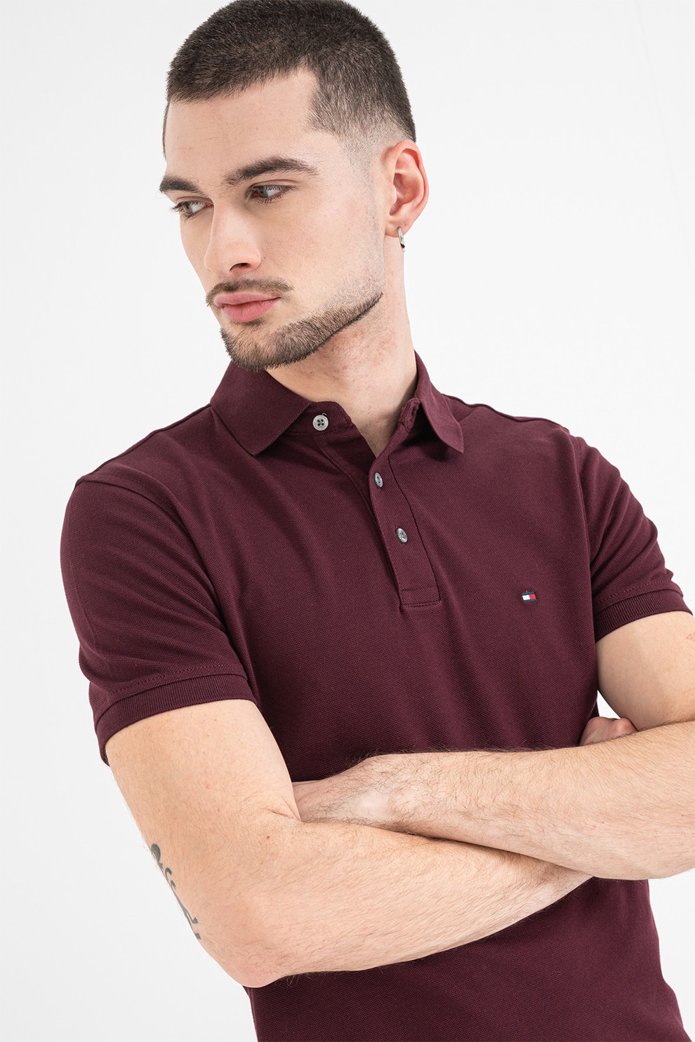 Tommy Hilfiger, Tricou polo slim fit din amestec de bumbac organic, Visiniu, S