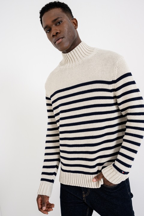 Tommy Hilfiger, Памучен пуловер на райе, Бежов/Тъмносин