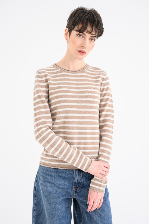 Tommy Hilfiger, Pulover de lana cu decolteu la baza gatului, Alb/Maro taupe