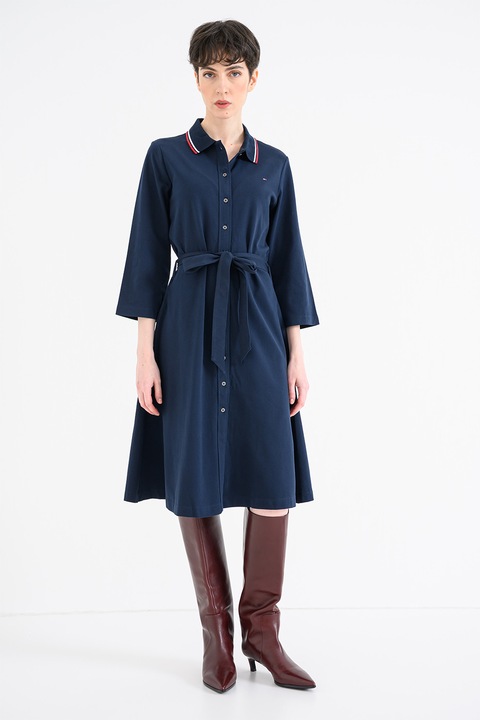 Tommy Hilfiger, Рокля с памук с яка и 3/4 ръкави, Тъмносин