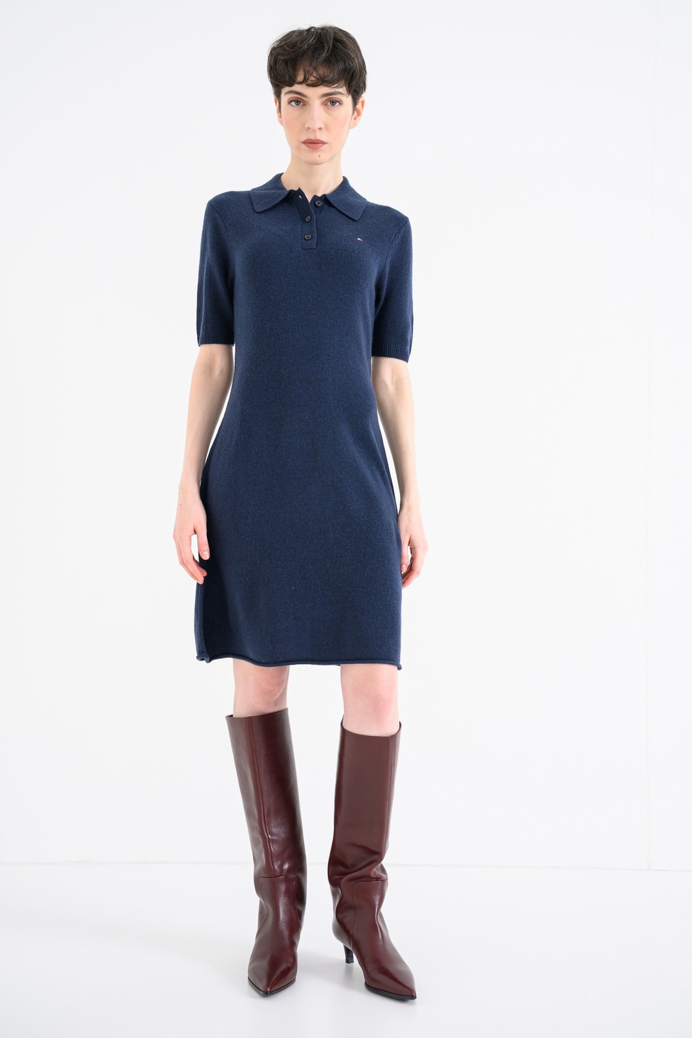 Tommy Hilfiger, Rochie-triocu din lana cu guler polo, Bleumarin, S
