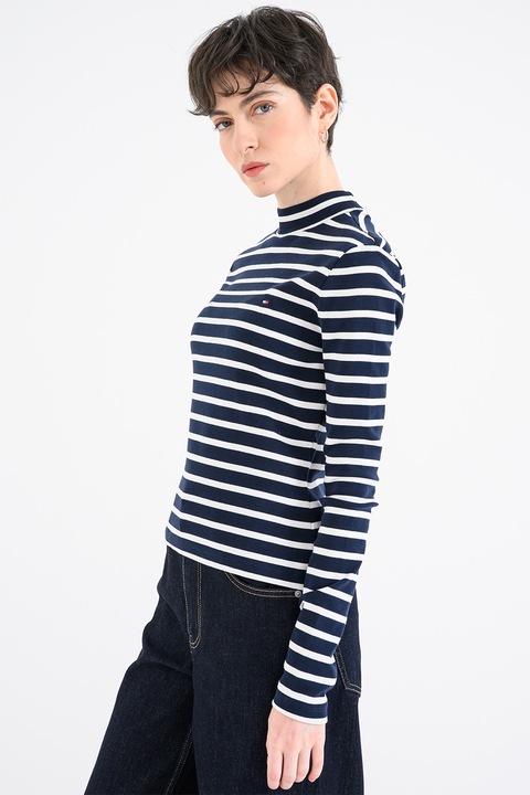 Tommy Hilfiger, Bluza slim fit cu decolteu la baza gatului, Alb/Bleumarin