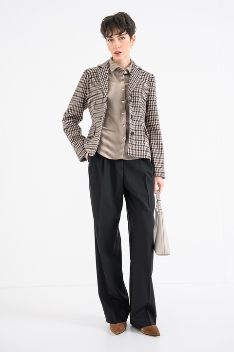 Tommy Hilfiger, Sacou din lana cu model in carouri si buzunare cu clapa, Negru/Maro