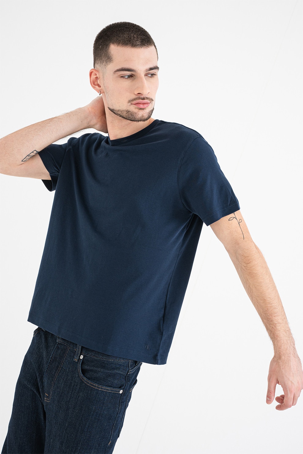 CALVIN KLEIN, Tricou din bumbac cu model uni, Bleumarin, L