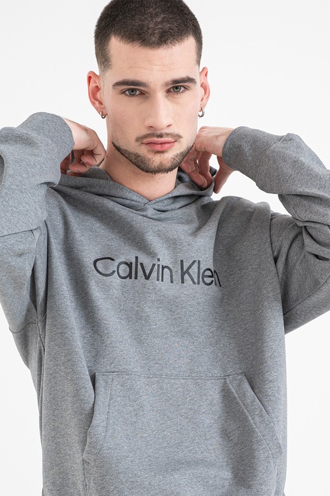 CALVIN KLEIN, Hanorac cu imprimeu logo si buzunar kangaroo, Gri melange