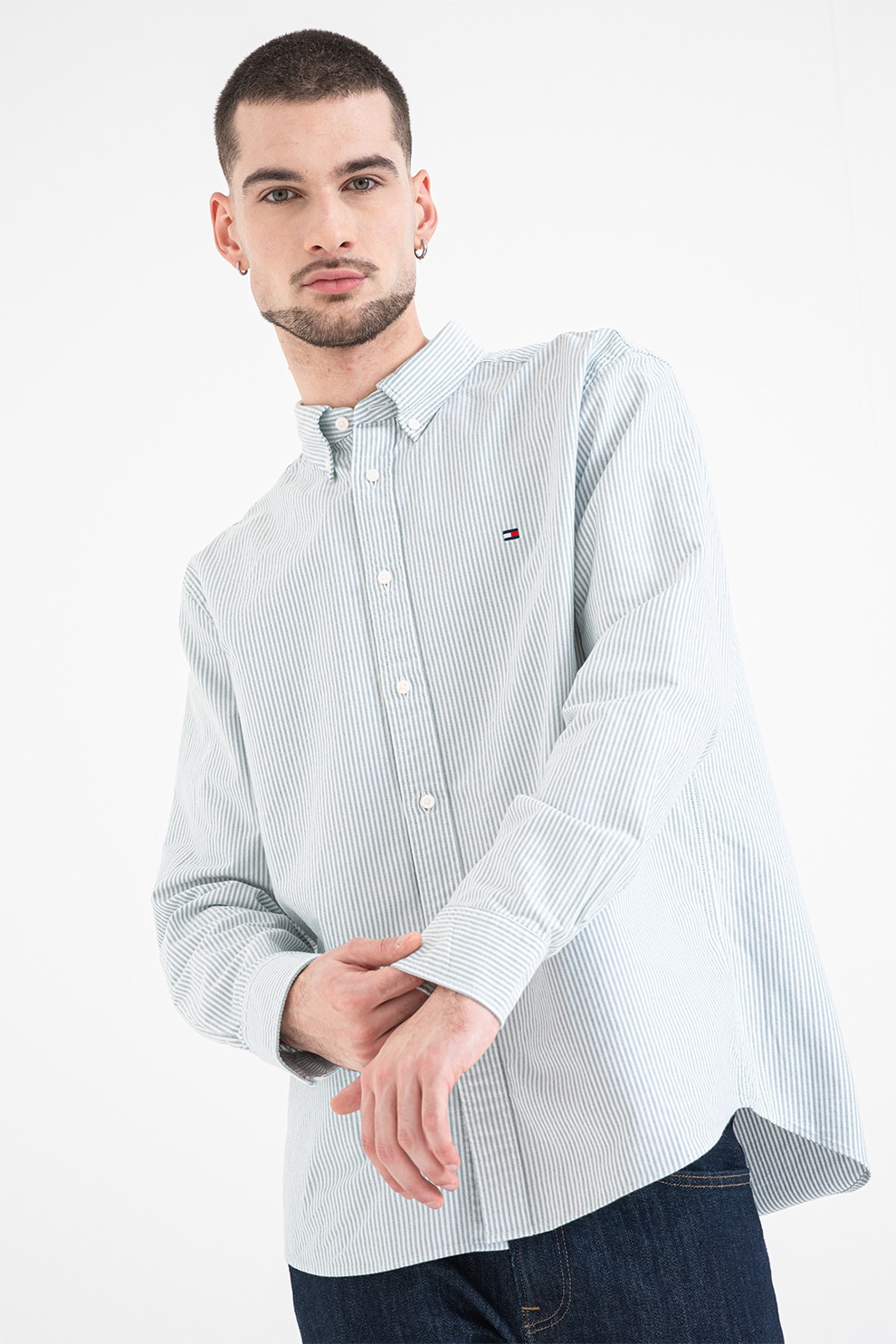 Tommy Hilfiger, Camasa Oxford regular fit cu model in dungi, Verde pal, M