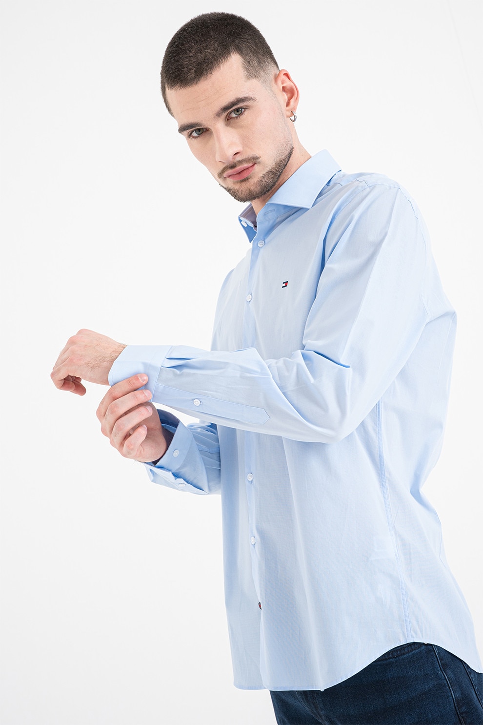 Tommy Hilfiger, Camasa slim fit din amestec de bumbac, Albastru glaciar, 42