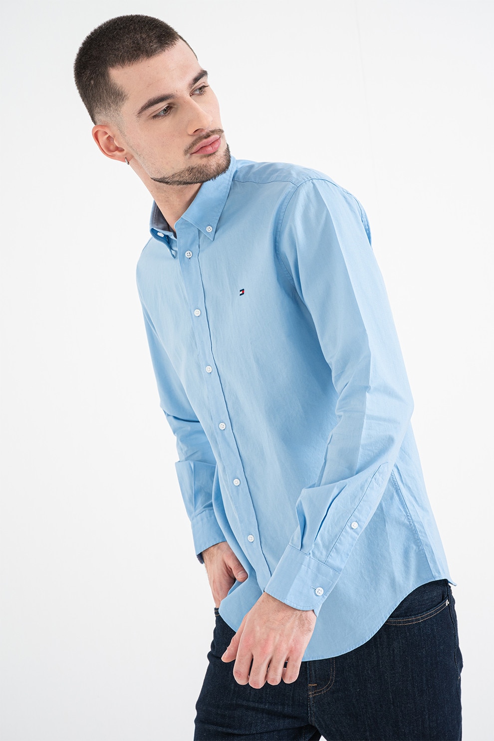 Tommy Hilfiger, Camasa din bumbac cu guler Oxford, Albastru glaciar, 42