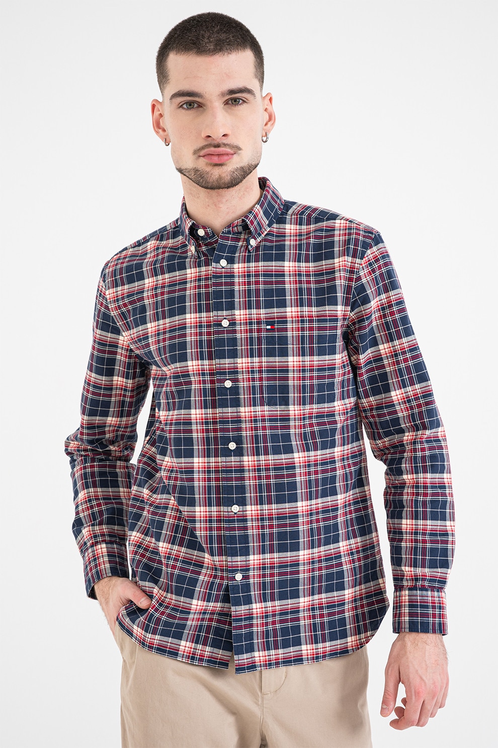Tommy Hilfiger, Camasa din bumbac cu model in carouri, Rosu, Alb murdar, Bleumarin, L