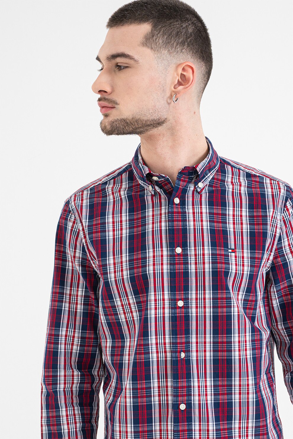 Tommy Hilfiger, Camasa regular fit cu model in carouri, Rosu, Gri deschis, Bleumarin, M
