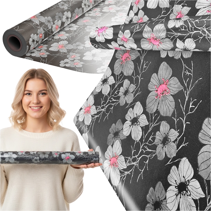 Hartie Pentru Ambalat Cadouri, Paperhit, 25 M, Rola Mare, Flori Gri