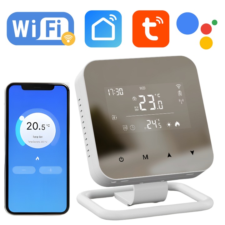 Termostat Inteligent, EDYLUX®, WiFi, Programabil Zilnic/Saptamanal, Control Telefon, Display LCD Mirror, Compatibil Cu Orice Centrala Termica, Functii Smart, Compatibil Tuya/Alexa/Google, Alb