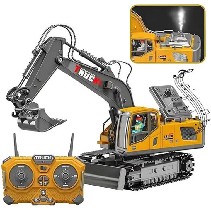 Играчка багер с дистанционно управление, 1:20, светлинни/музикални/спрей ефекти, въртене на 680 градуса, за деца 6-12 години