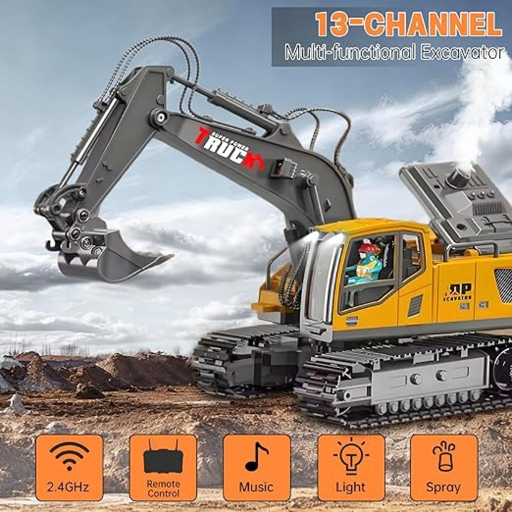 Играчка багер с дистанционно управление, 1:20, светлинни/музикални/спрей ефекти, въртене на 680 градуса, за деца 6-12 години