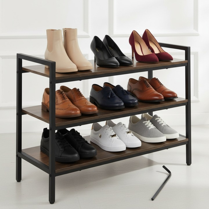 Pantofar modern ZOLA, 3 rafturi, negru/maro, 58.5x79x30cm