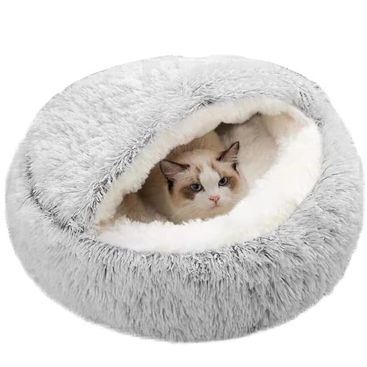 Patut tip cuib ZOLA pentru caini si pisici mici, antiderapant, material pufos, gri, 44x38x6cm