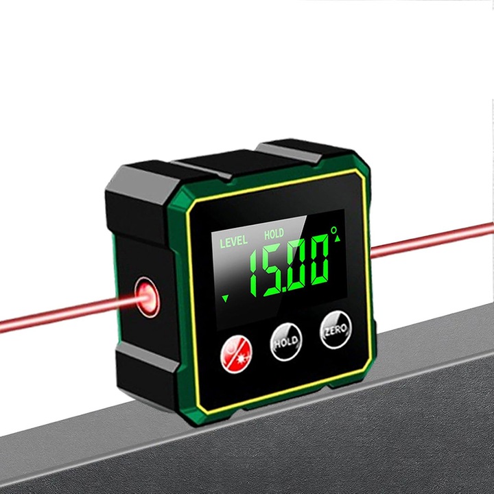 Inclinometru Digital Portabil cu Laser, Rqiurpn, Baza Magnetica, Afisaj LCD, Nivela Digitala, Rezistent la Socuri si Apa, compact, reincarcabil, Negru/Verde