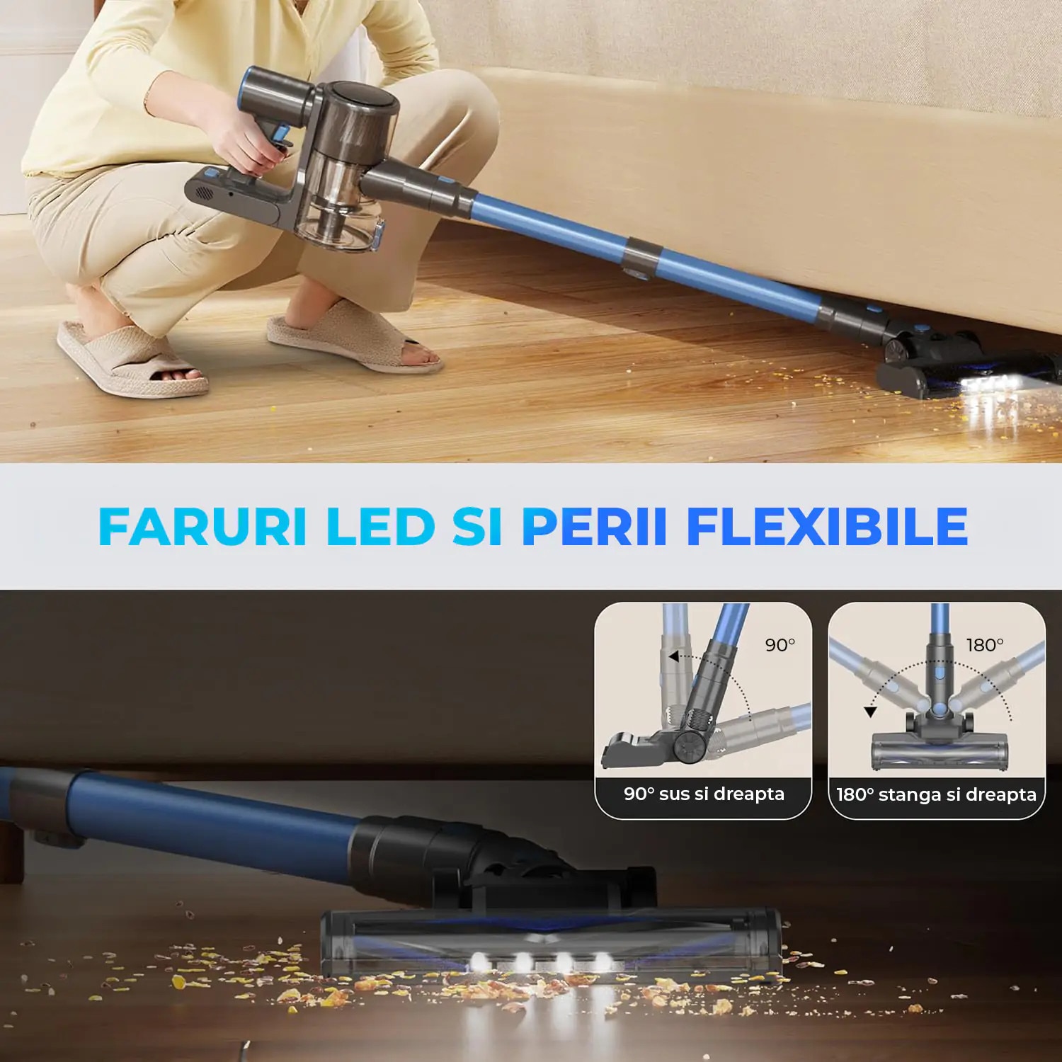 Aspirator fără fir, Elindor, 450W, 40KPa, filtrare HEPA, negru, recipient 1.5 L, Albastru