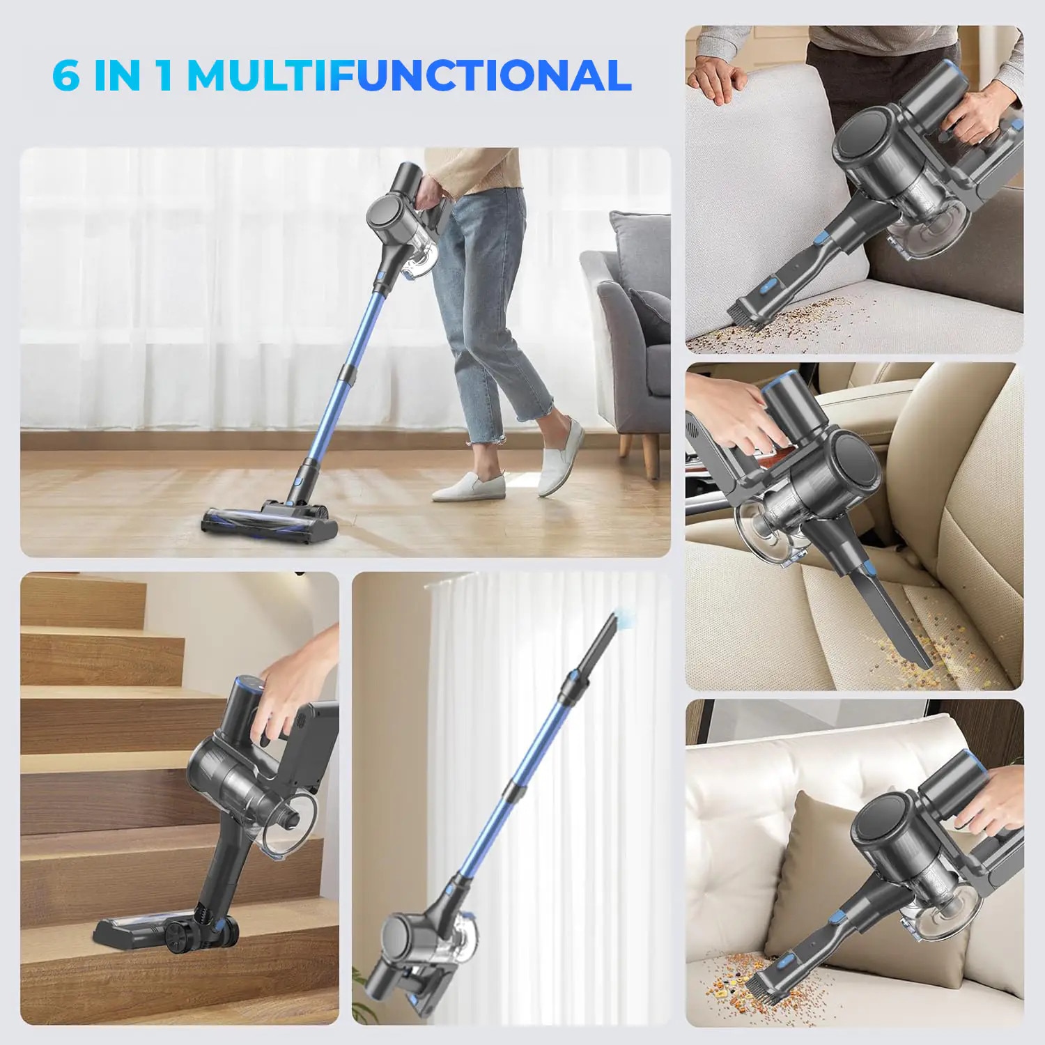 Aspirator fără fir, Elindor, 450W, 40KPa, filtrare HEPA, negru, recipient 1.5 L, Albastru