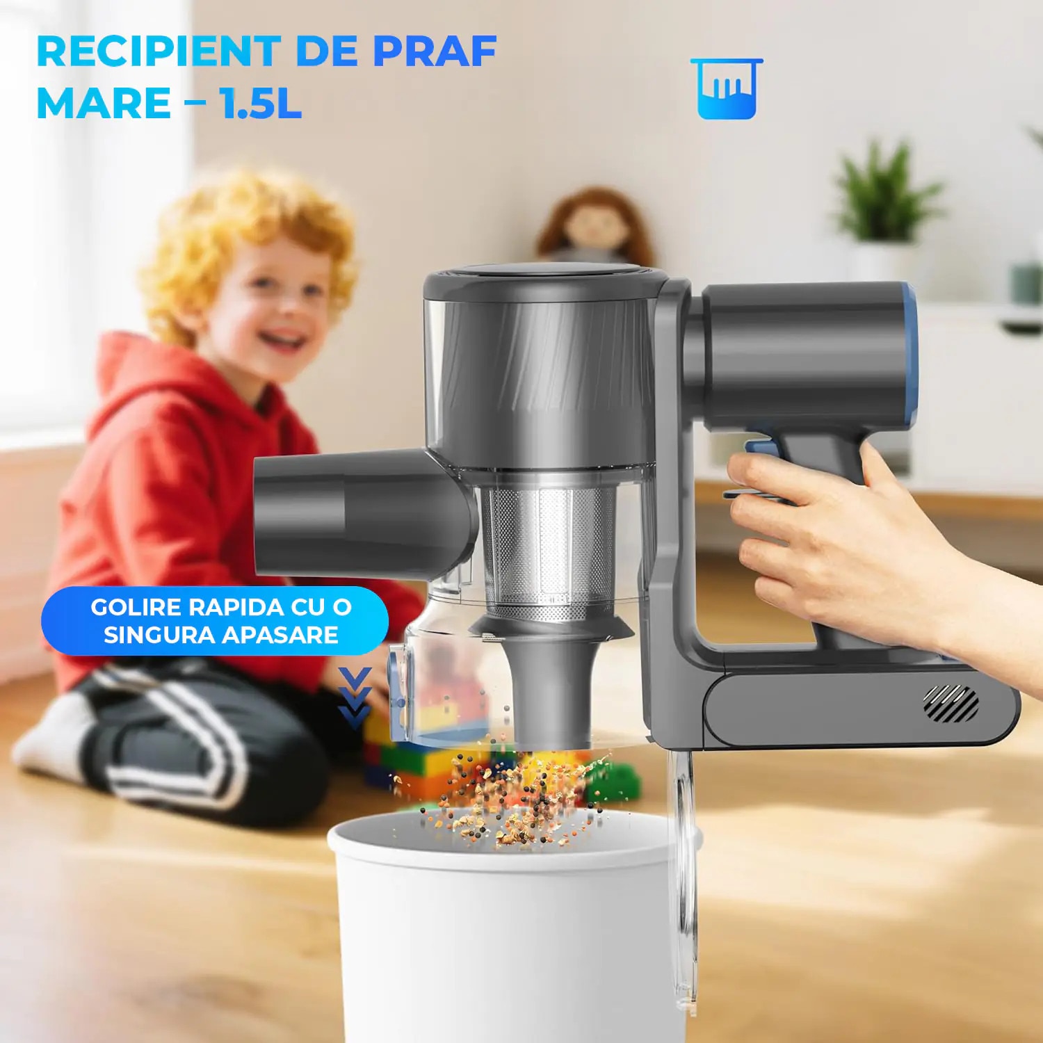 Aspirator fără fir, Elindor, 450W, 40KPa, filtrare HEPA, negru, recipient 1.5 L, Albastru