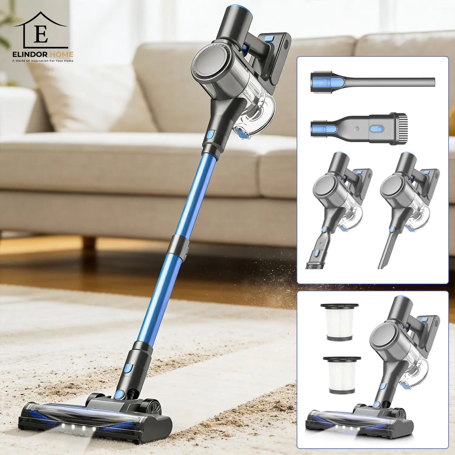 Aspirator fără fir, Elindor, 450W, 40KPa, filtrare HEPA, negru, recipient 1.5 L, Albastru