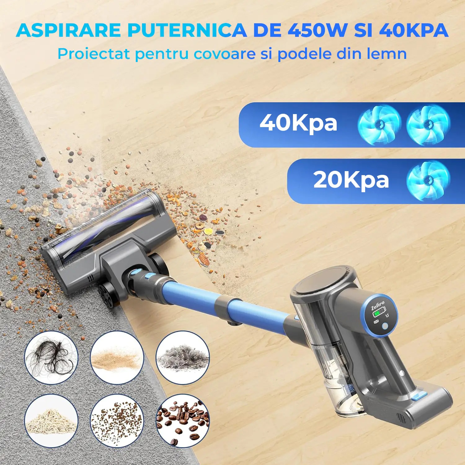 Aspirator fără fir, Elindor, 450W, 40KPa, filtrare HEPA, negru, recipient 1.5 L, Albastru