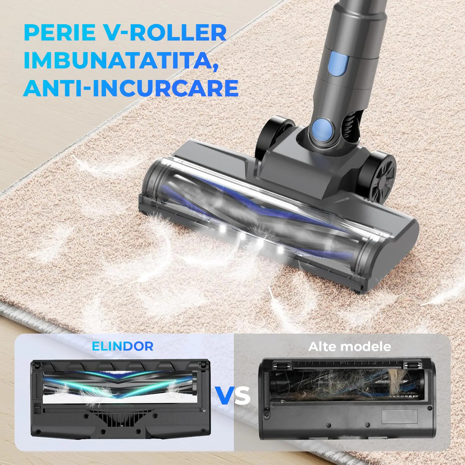 Aspirator fără fir, Elindor, 450W, 40KPa, filtrare HEPA, negru, recipient 1.5 L, Albastru