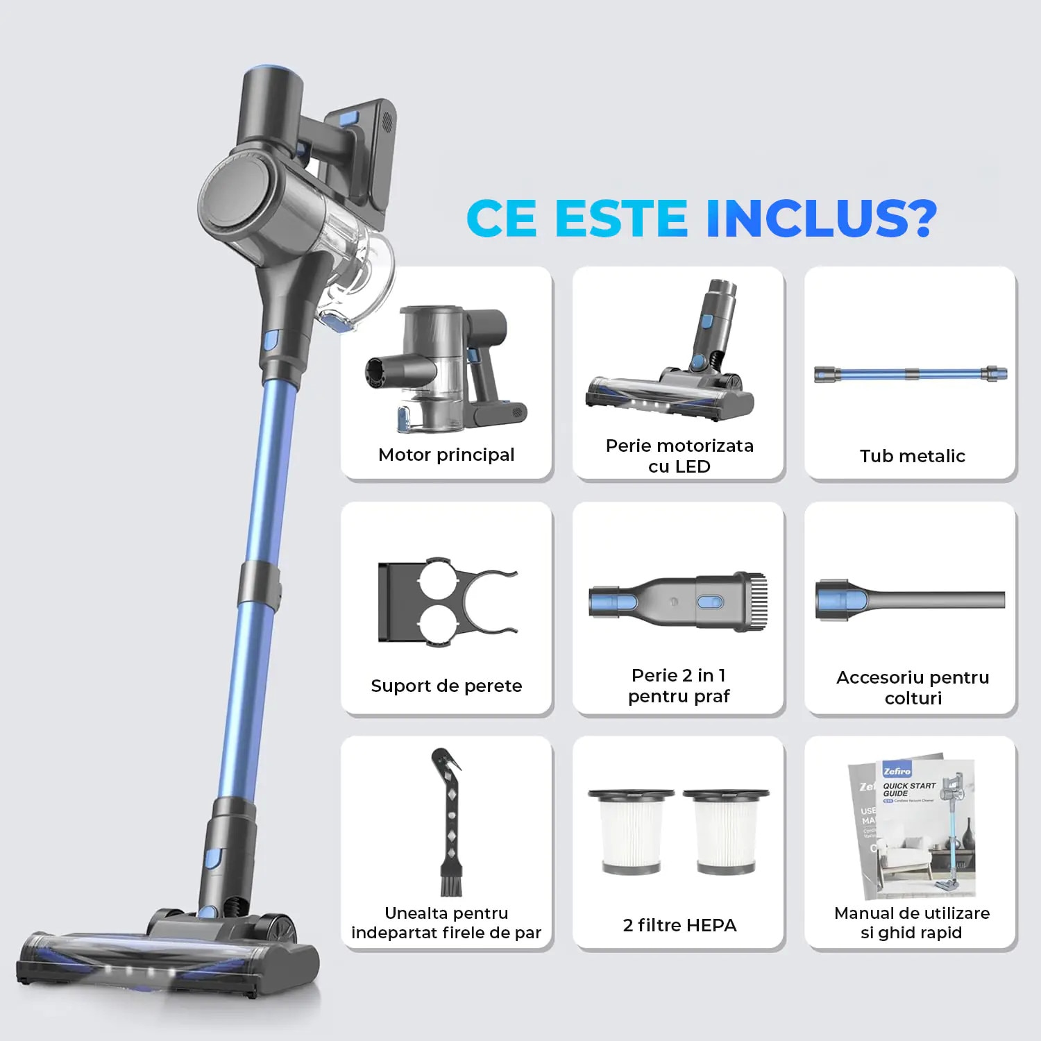Aspirator fără fir, Elindor, 450W, 40KPa, filtrare HEPA, negru, recipient 1.5 L, Albastru