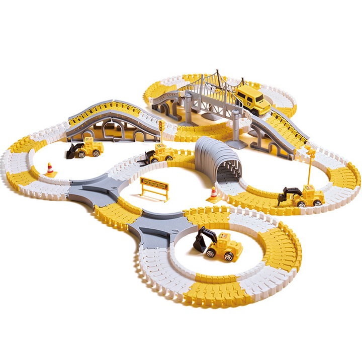 Set de joc cu pista de constructie, 443 piese, include masina electrica si camion de constructie, pentru baieti si fete 3-8 ani, culoare galbena