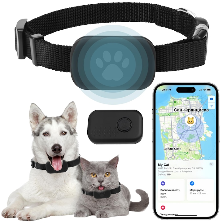 GPS тракер за котки, черна каишка, водоустойчив, батерия 10 месеца, регулируем