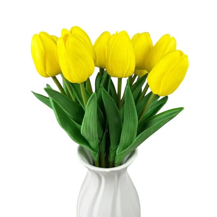 Buchet de Lalele Artificiale din Silicon „Galben”, 10 Fire, 33 cm pentru Decor Interior