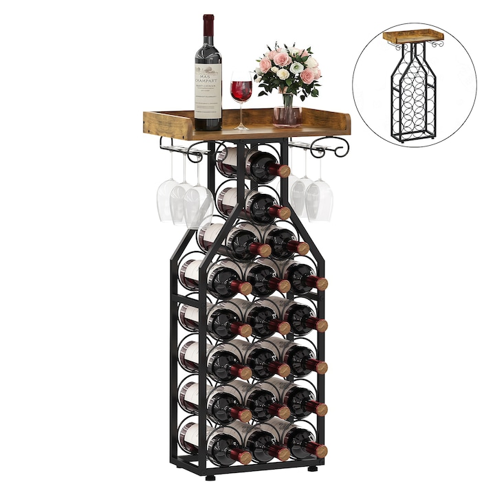 Wacorresi® bortartó 16 palack részére, borállvány, fa, szétszedhető, otthoni, bárba, tárolásra és dekorációra, vintage dizájn, fekete/barna