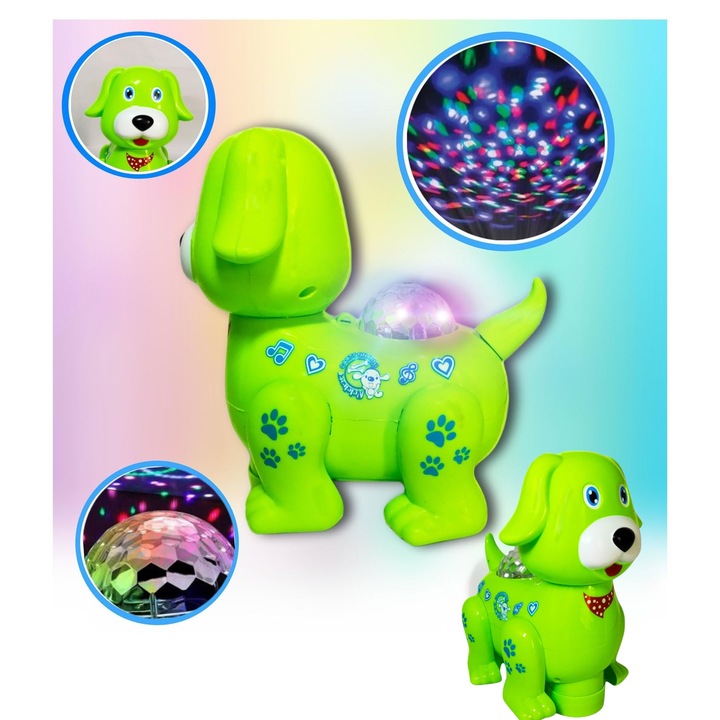 Jucarie Interactiva catelus dansator cu lumini dinamice, Muzica, Miscare 360°, Model deosebit cu proiectie si sunete, culoare verde