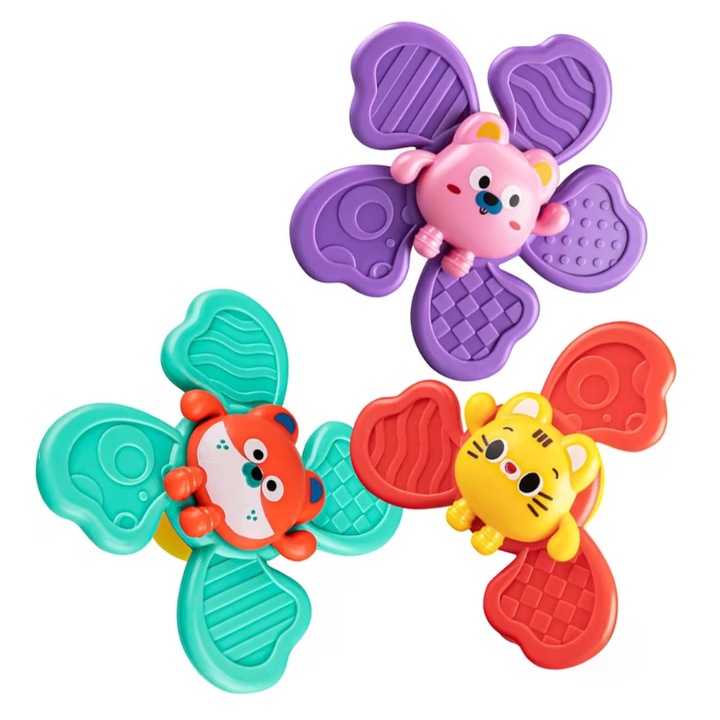 Jucarie senzoriala cu ventuza, spinner rotativ cu zornaitoare, pentru bebelusi, set 3 piese, educationale, non-toxice
