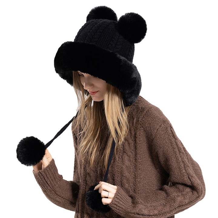 Дамска шапка TRADERPLUS с помпони, черна, за зимата, с покрити уши