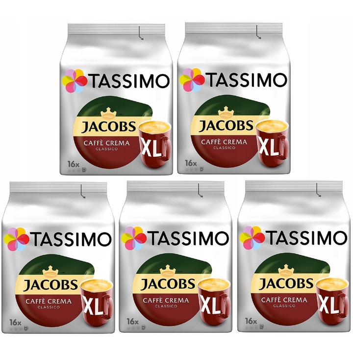 Кафе капсули TASSIMO Jacobs Caffe Crema Classico XL, 5 x 16 капсули, балансирана смес, 132,8г