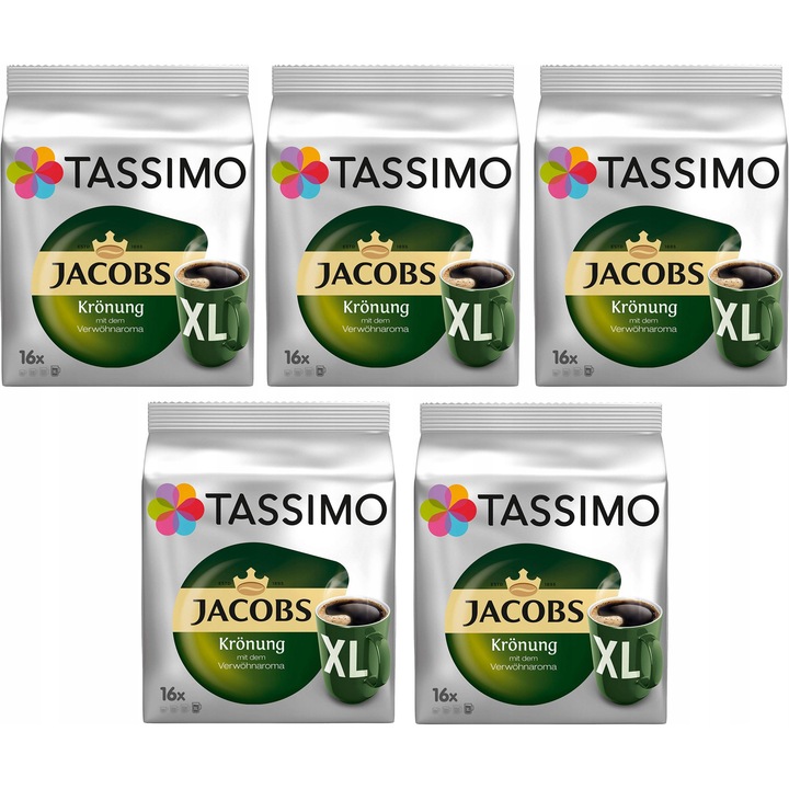 Capsule de cafea Jacobs Kronung XL, set 5 x 16 bucati, amestec Arabica si Robusta, intensitate medie, 1000g