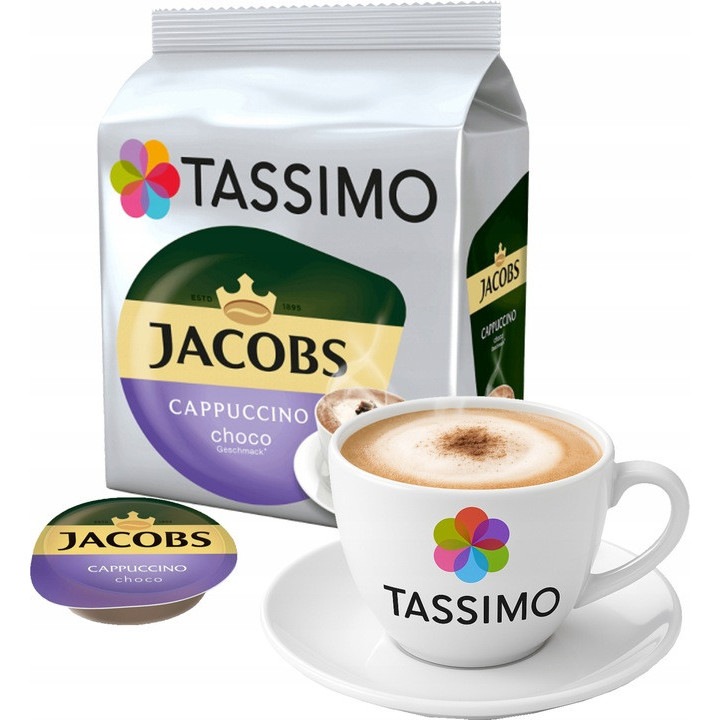 Капсули кафе Jacobs TASSIMO Cappuccino Choco сет 5x16, 5x8 чаши, смес Арабика-Робуста, 1000г
