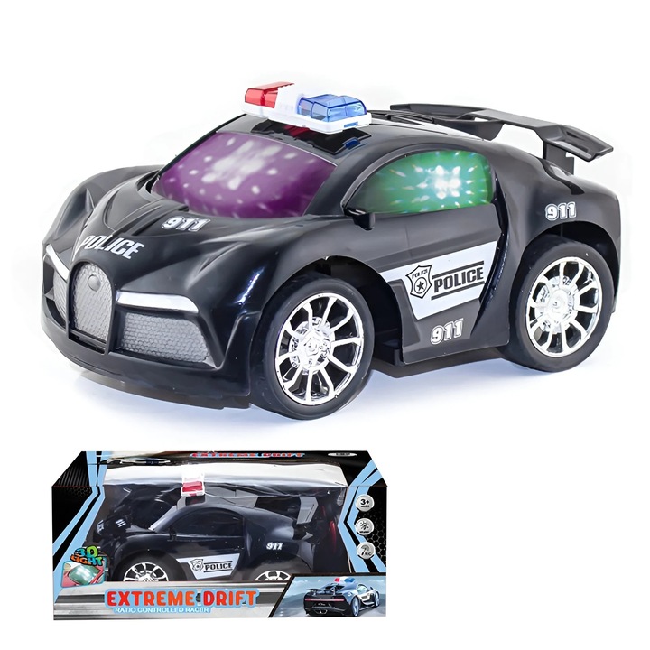 Masinuta Politie 3D Light cu Lumina si Muzica, Drift, 17 cm, Negru