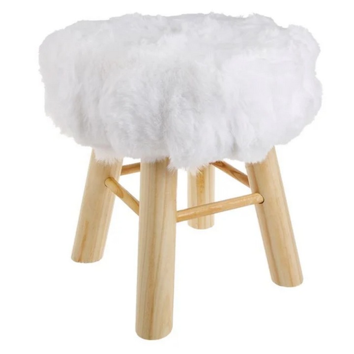 Taburet AB HOMES cu Blana Artificiala Alba, Ø32x34 cm – Piesa Decorativa Cozy pentru Living, Dormitor sau Hol