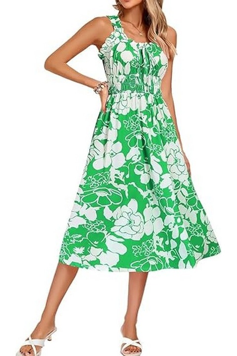 Rochie de vara casual fara maneci pentru femei, cu guler in U, imprimeu floral, talie elastica, verde, marime XL, Kate Kasin