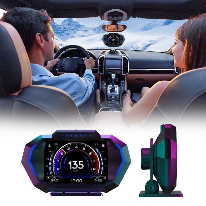 Head-up дисплей HUD auto, Excitat®, двойна система OBD+GPS 2 в 1, Дисплей на таблото за, 13 вида дисплей, Устройство за диагностика и показване на информация от таблото, Сензор за светлина, за табло или предно стъкло, Plug & Play инсталация, Черен