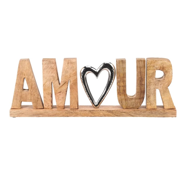 Olivas dekoráció, Amour modell, fa/fém, natúr/ezüst, 50 x 5 x 15 cm