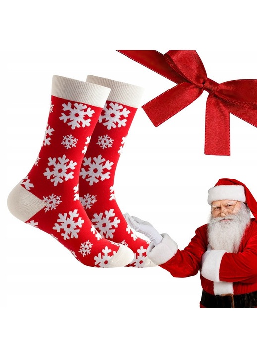 Sosete unisex ZOLA, fulgi de nea, rosu cu detalii galbene si verzi, marime universala 36-39