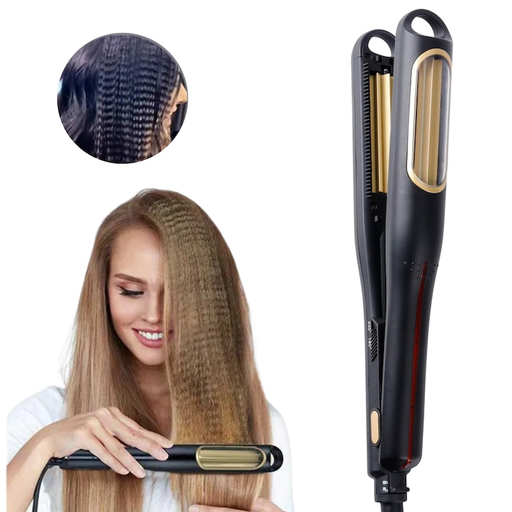 Преса за коса, EDYLUX, K-328, автоматично въртене, керамични плочи с турмалин, регулируема температура 80–210 градуса, въртящ се кабел, черна