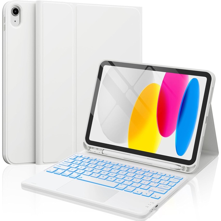 Калъф с клавиатура за iPad Apple, съвместим с таблет iPad 10-то поколение 2022, iPad 11-то поколение (A16) 2025, 10.9", безжична клавиатура със 7 цвята подсветка, Bluetooth 5.3, USB-C, държач за стилус, бял