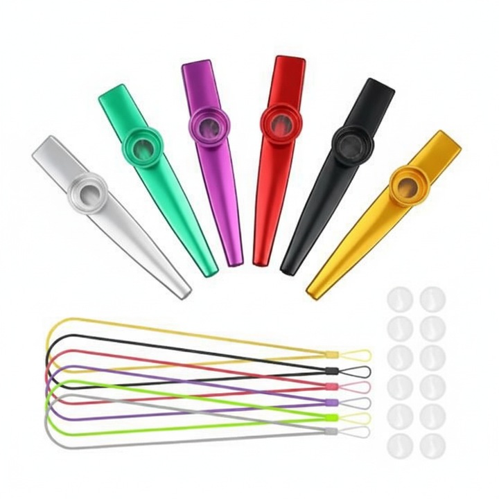 Kazoo metal, set 6 culori, 6 corzi, 10 membrane, 12cm, instrument muzical portabil pentru petreceri si distractie in familie