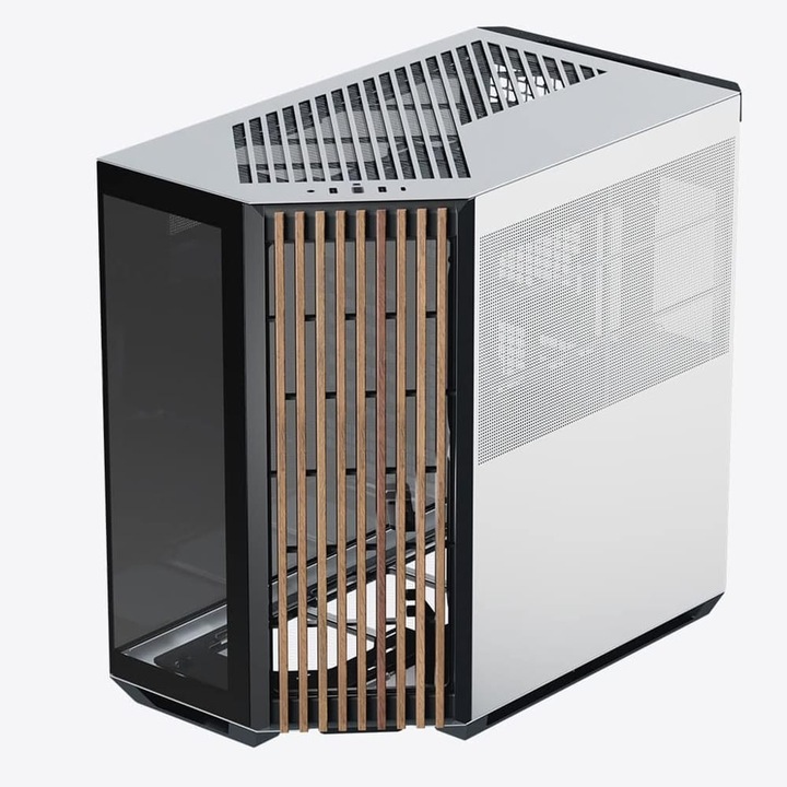 Carcasă PC mid-tower APNX V1 ATX, sticlă securizată, negru și alb, cu inserții din lemn - V1-W-BW-v1